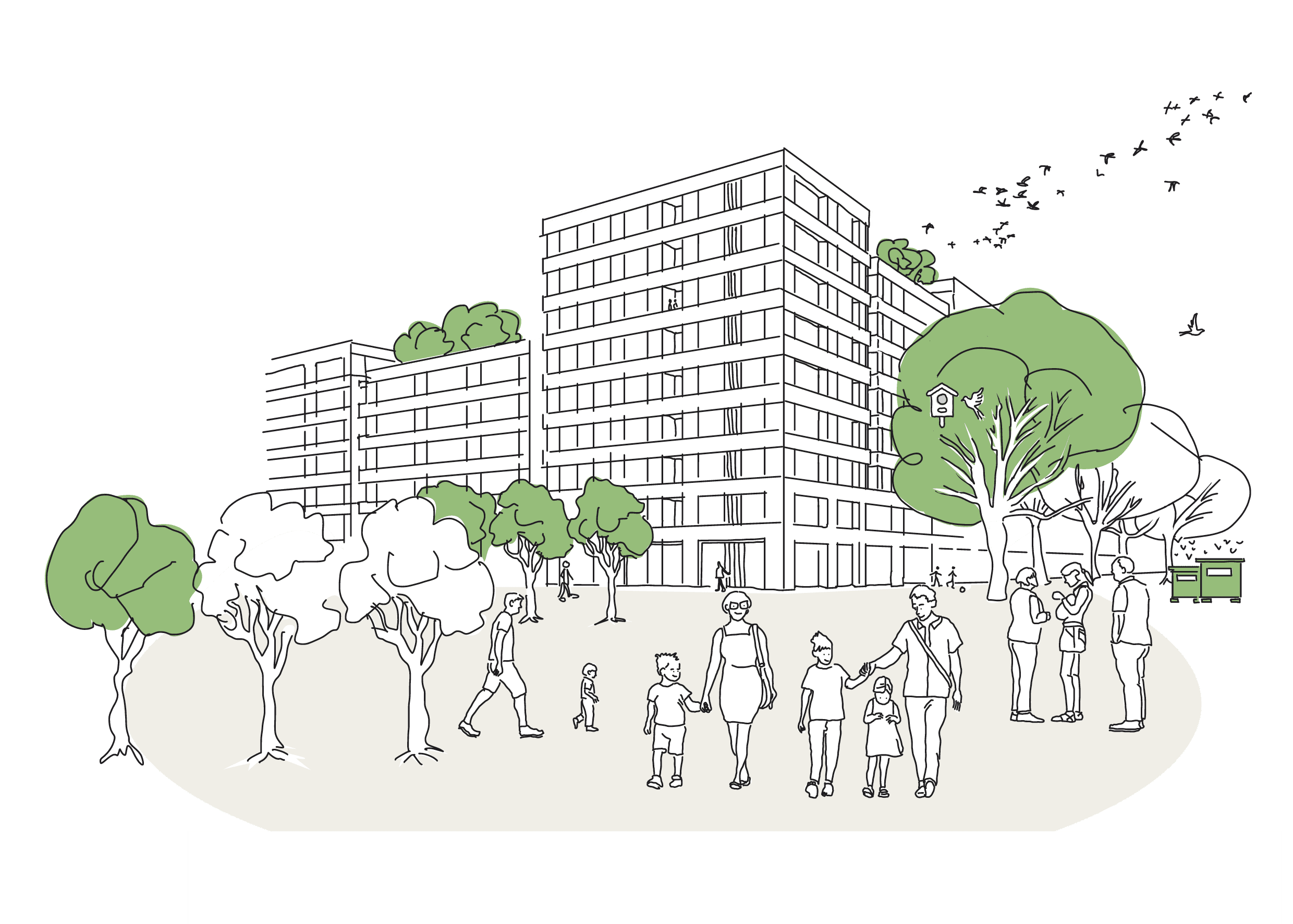 Illustration Nachhaltig + klimagerecht. Menschen im Grünen mit Häusern und begrünten Dachterrassen im Hintergrund
