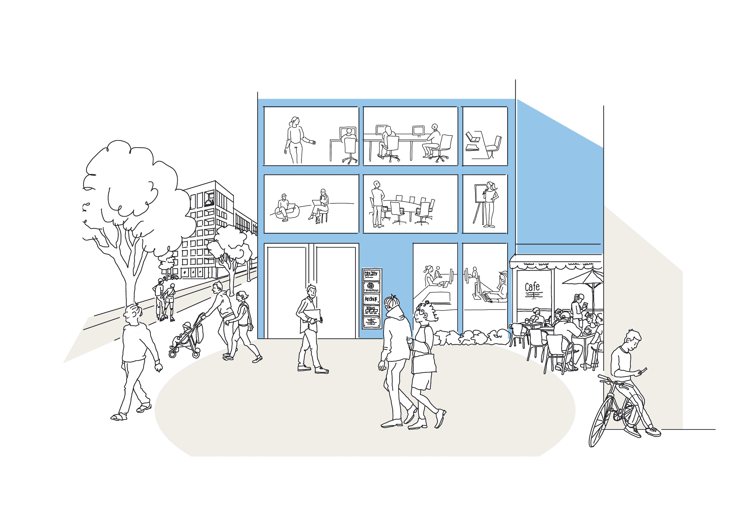 Illustration Leben und Arbeiten: Haus mit Coworking Fensterszenen, daneben ein Café mit Menschen, eine Familien mit Kind flaniert vorbei.