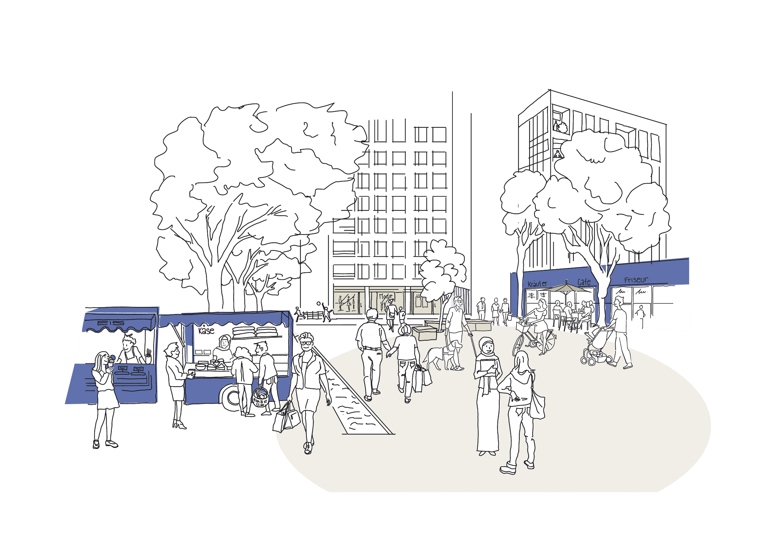 Illustration Einkaufen und genießen: Ein Marktplatz mit Stand, Menschen, die einkaufen oder im Café sitzen