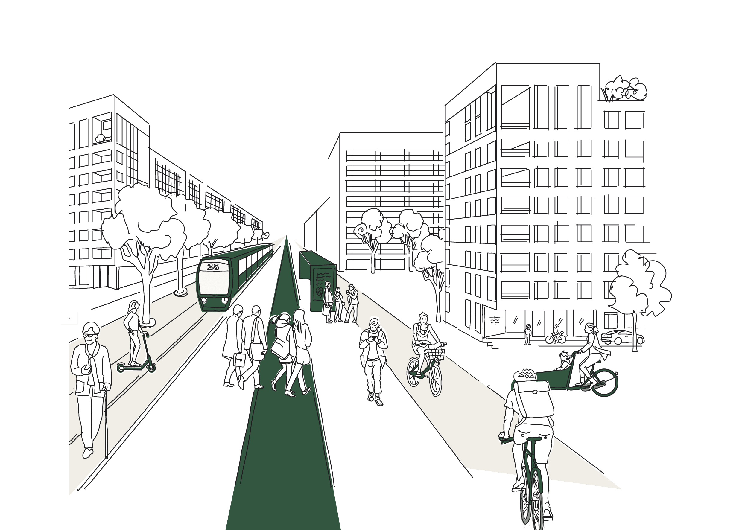 Illustration "Mobil im Quartier" Haltestelle Stadtplatz mit Tram und Menschen, die den Platz queren.   t Trambahn.png